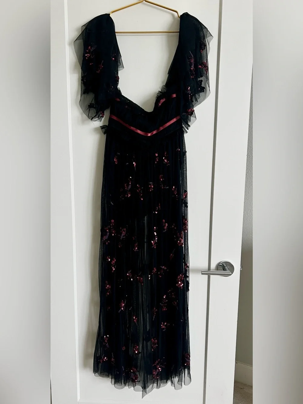 Free People Just A Dream Maxi Bodysuit Black Sequin Sheer Mesh Dress Size Small - Picture 10 of 16